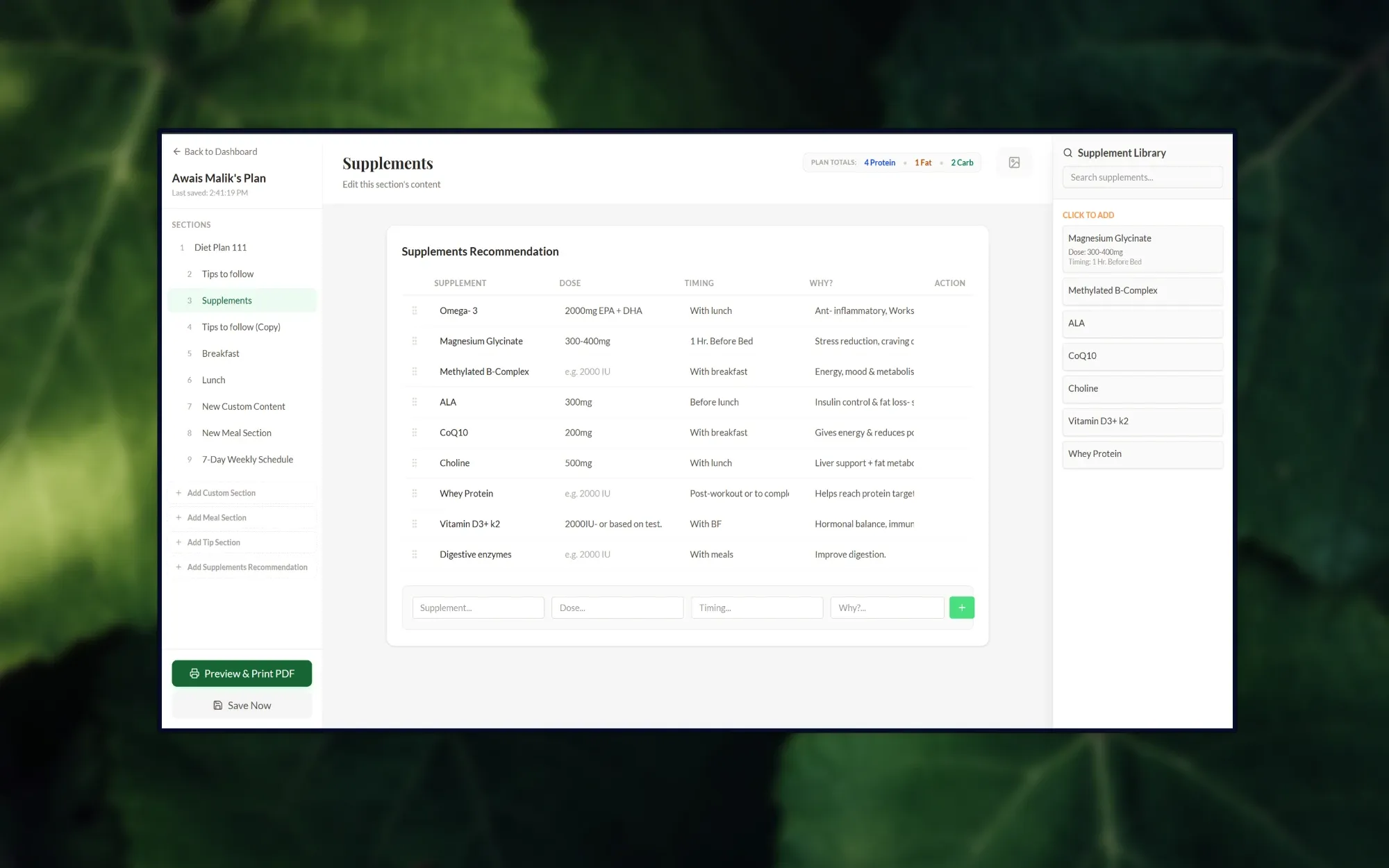 Dietitian App plan editor: a Supplements section with a recommendation table of supplement, dose, timing and reason, a sections sidebar and a click-to-add supplement library