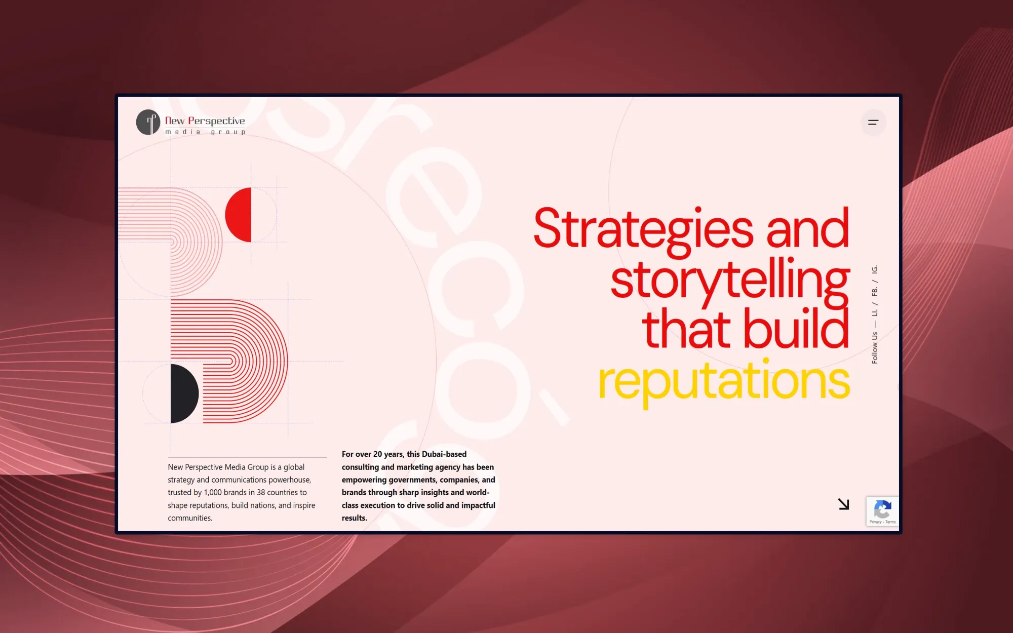 New Perspective Media Group homepage: red and yellow headline 'Strategies and storytelling that build reputations' beside geometric red line artwork