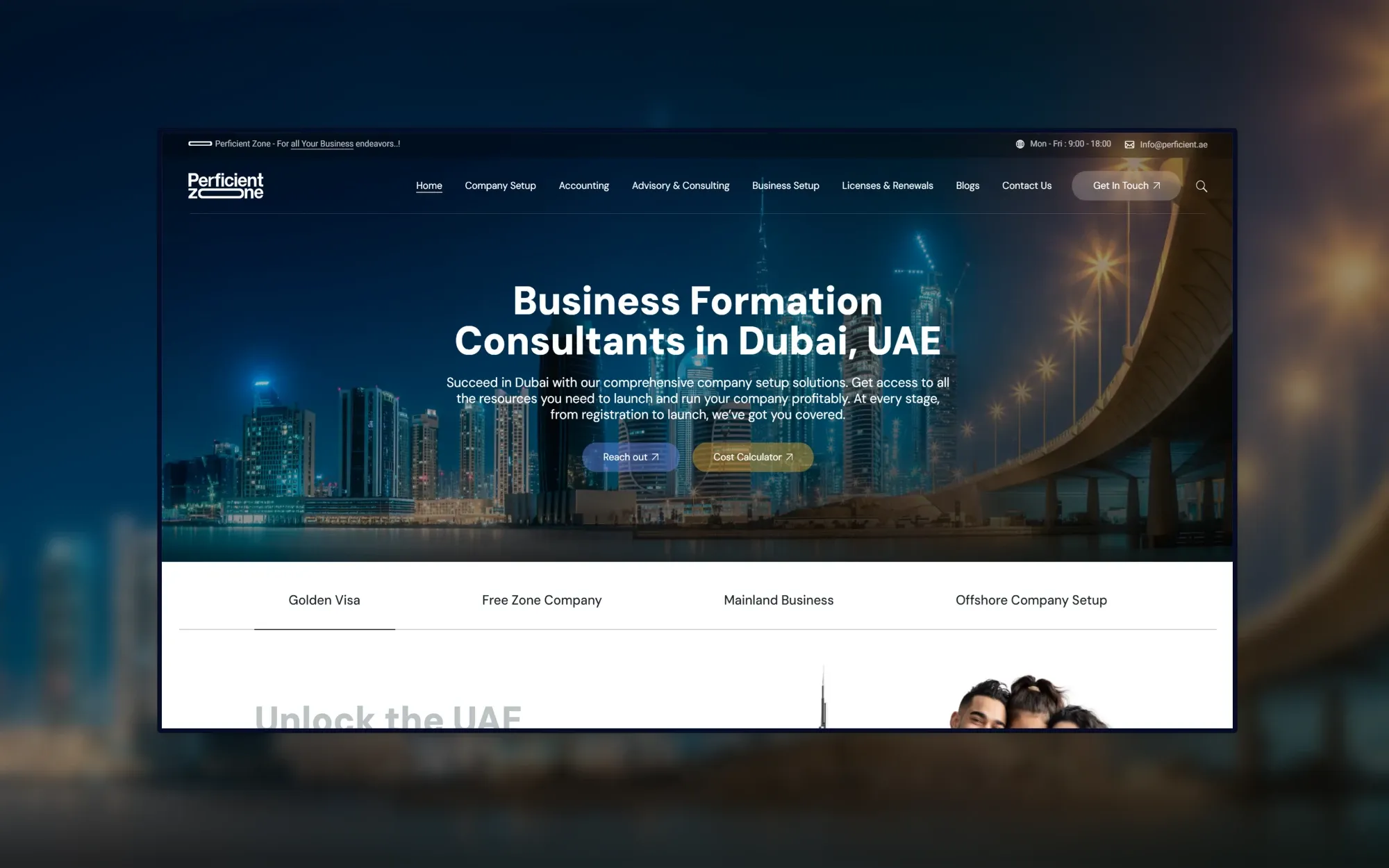 Perficient Zone homepage: hero headline 'Business Formation Consultants in Dubai, UAE' over a night-time Dubai skyline, with service tabs below